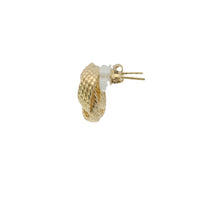 14KT Gold Earrings Medium Open Center Three Strand Flattened Plain Braided Notched Cords Knot with Push Back Post and Butterfly Backs