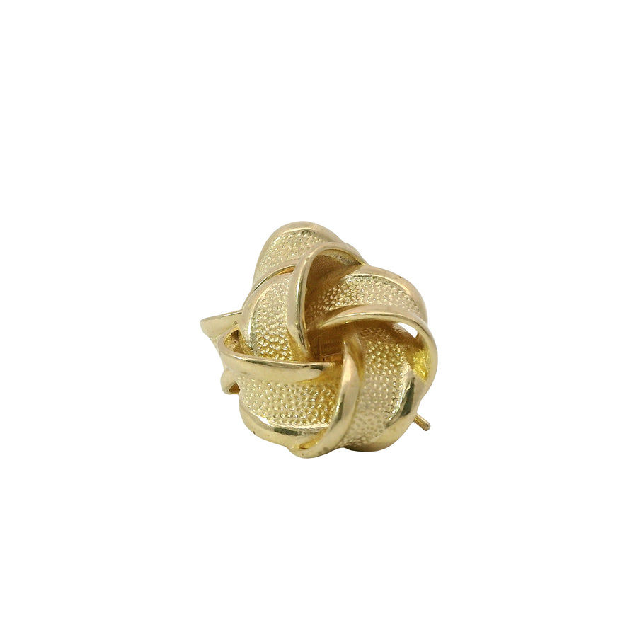 14KT Gold Earrings Medium Four Ribbon Strand Sandblasted Pinwheel Knot with Plain Borders, Push Back Post, and Butterfly Backs