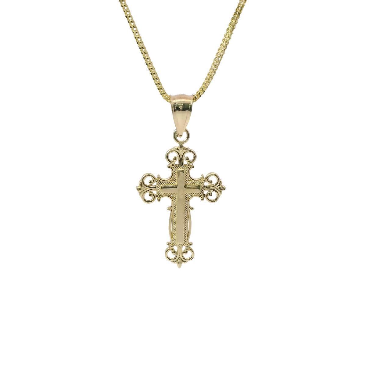 14KT Gold Charm Medium Engravable Center Ornate Cross with Plain Bell