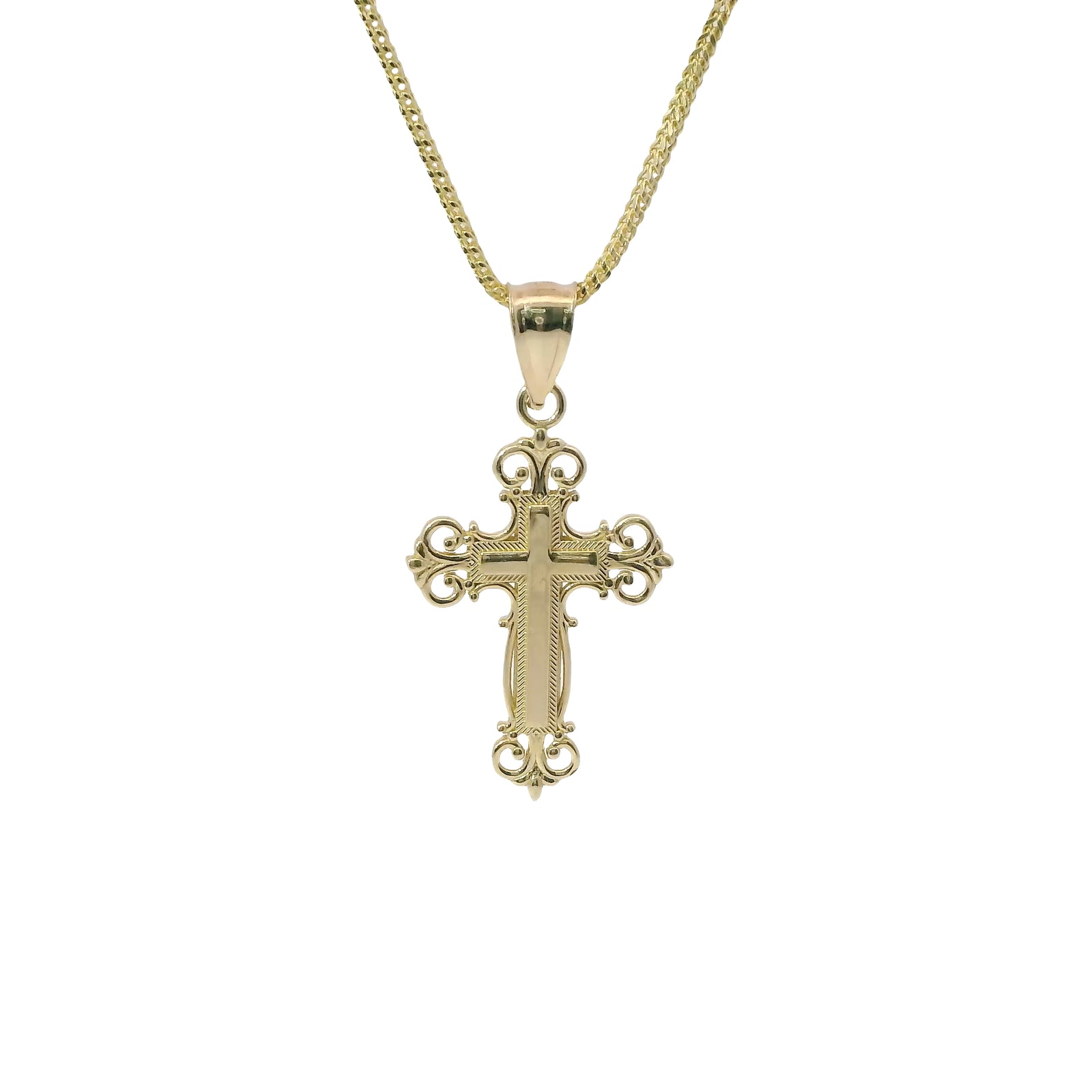 14KT Gold Charm Medium Engravable Center Ornate Cross with Plain Bell
