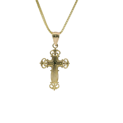 14KT Gold Charm Medium Engravable Center Ornate Cross with Plain Bell
