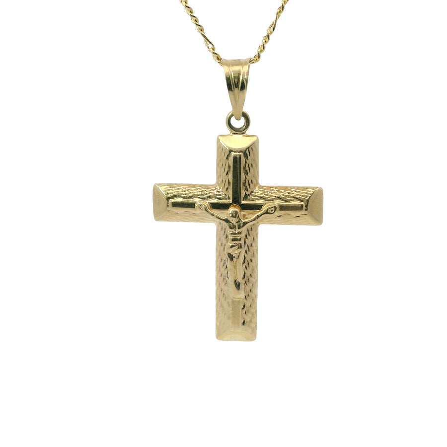 14KT Gold Charm Medium Plain Center Crucifix Cross with Mock Woodgrain Print and Plain Bell