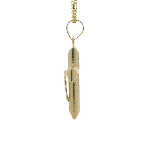 14KT Gold Charm Medium Plain Center Crucifix Cross with Mock Woodgrain Print and Plain Bell