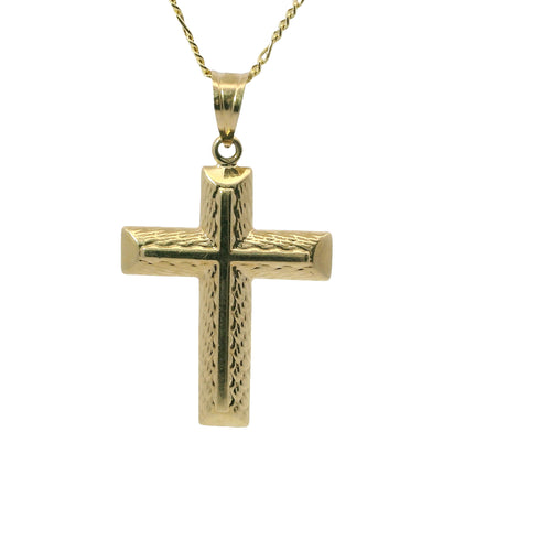14KT Gold Charm Medium Plain Center Crucifix Cross with Mock Woodgrain Print and Plain Bell