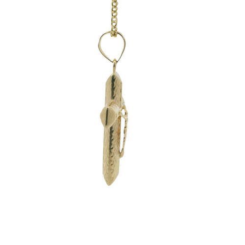 14KT Gold Charm Medium Plain Center Crucifix Cross with Mock Woodgrain Print and Plain Bell