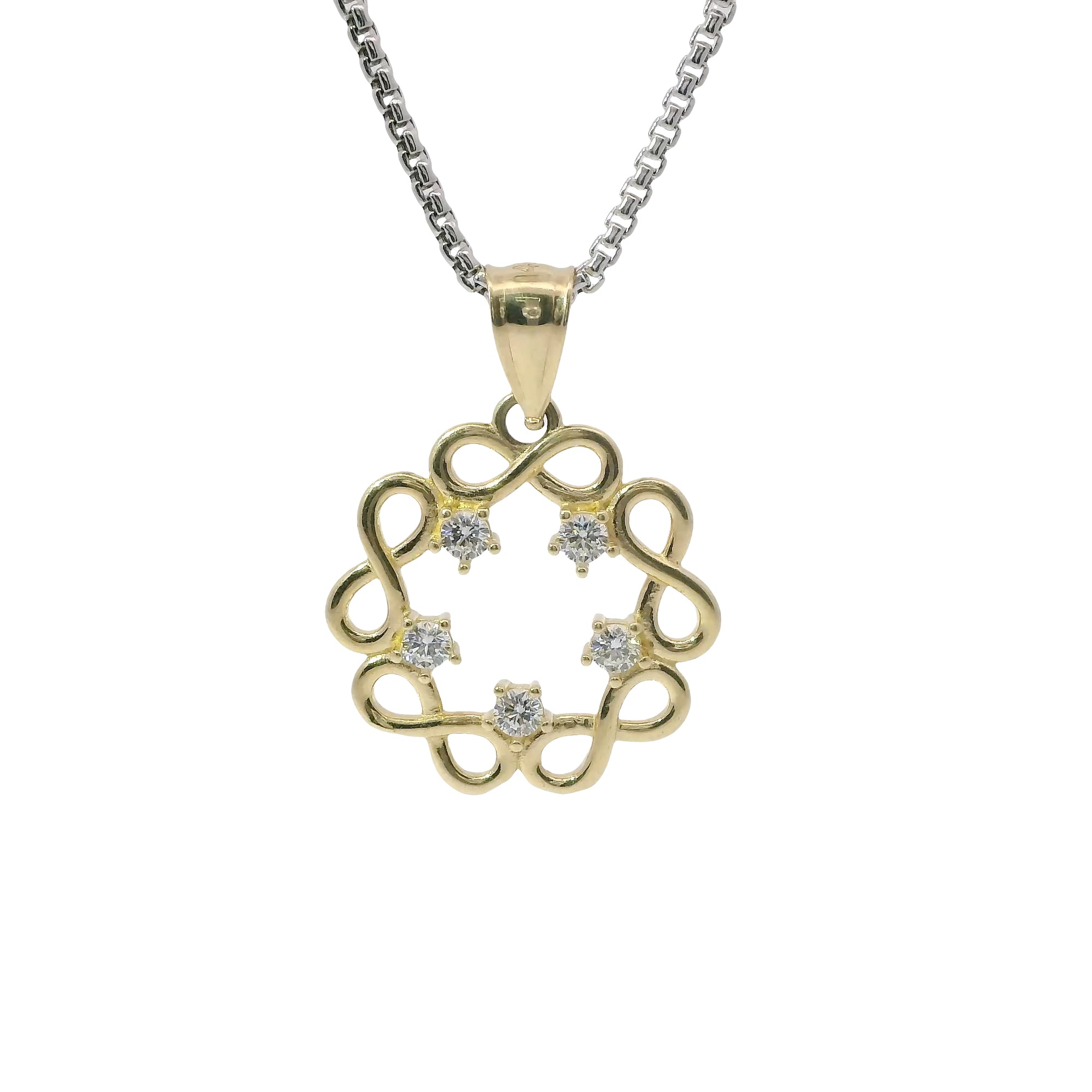 14KT Gold Charm Medium Plain Infinity Wreath with Five White CZ Stones Center and Plain Bell