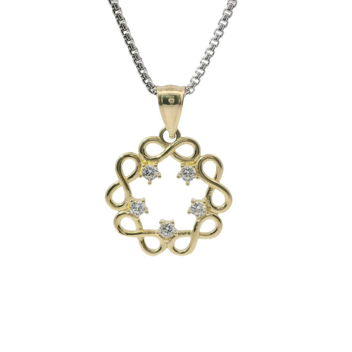 14KT Gold Charm Medium Plain Infinity Wreath with Five White CZ Stones Center and Plain Bell