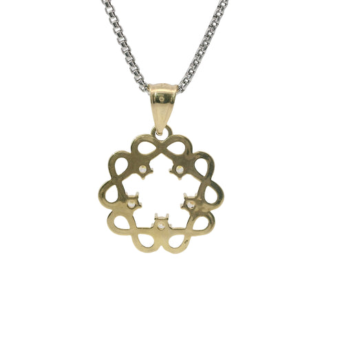 14KT Gold Charm Medium Plain Infinity Wreath with Five White CZ Stones Center and Plain Bell