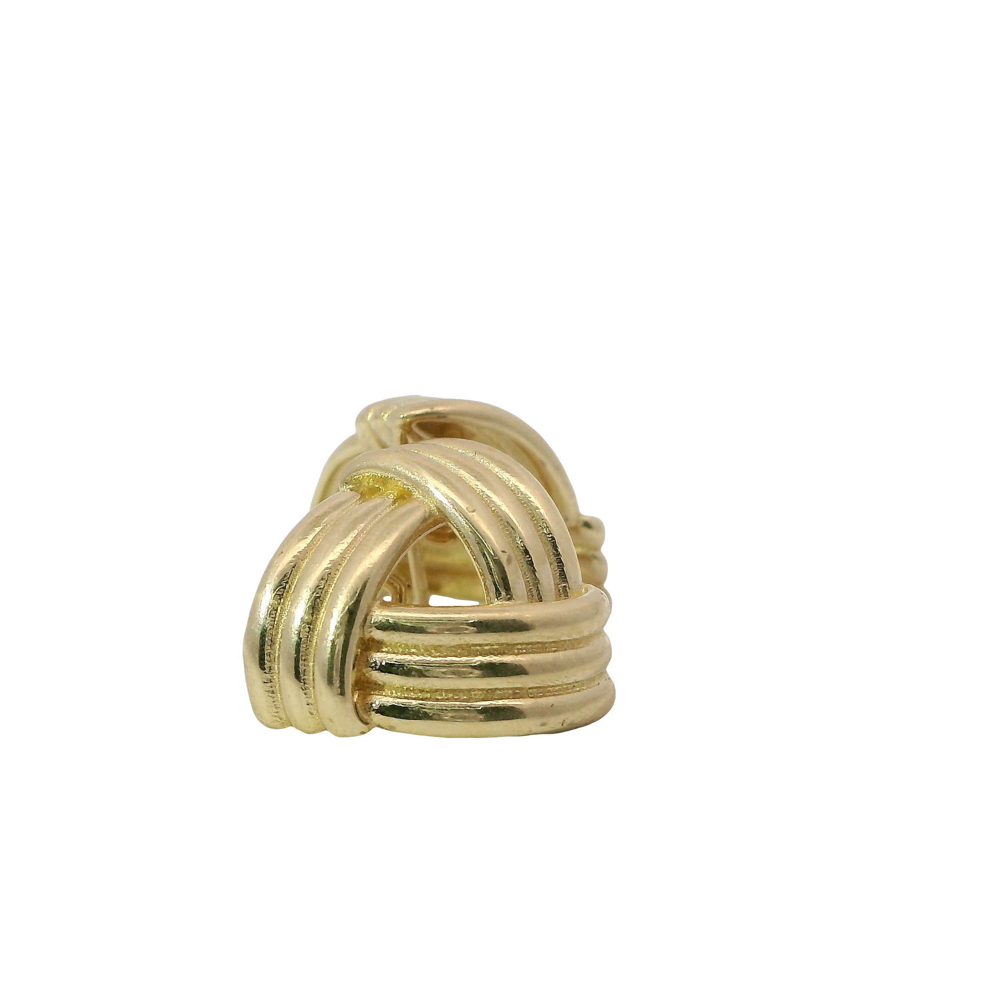 14KT Gold Earrings Medium Ribbed Three Strand Triangle Knot with Push Back Post and Butterfly Backs