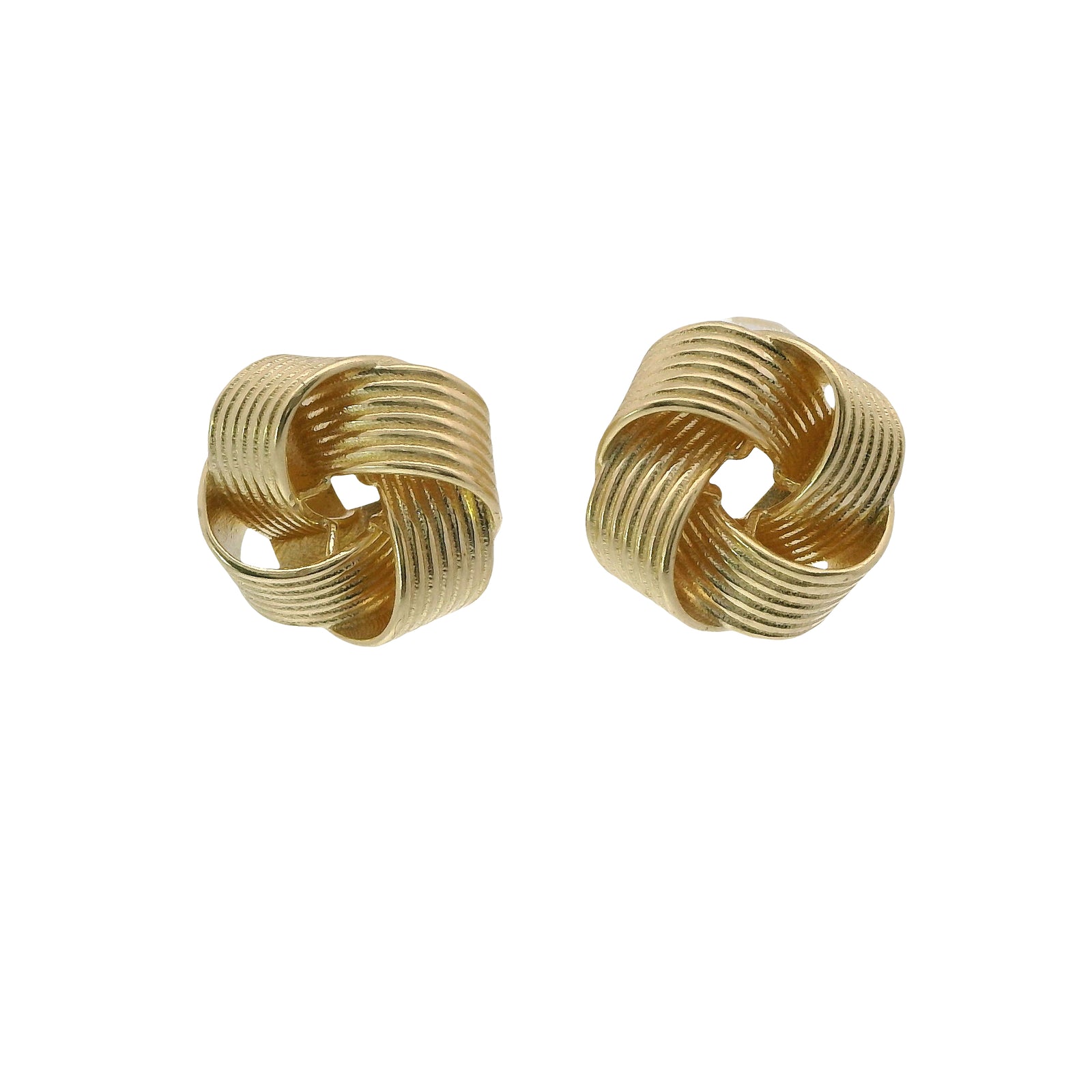 14KT Gold Earrings Medium Four Cord Strand Plain Open Flattened Square Knot with Plain Borders, Push Back Post, and Butterfly Backs
