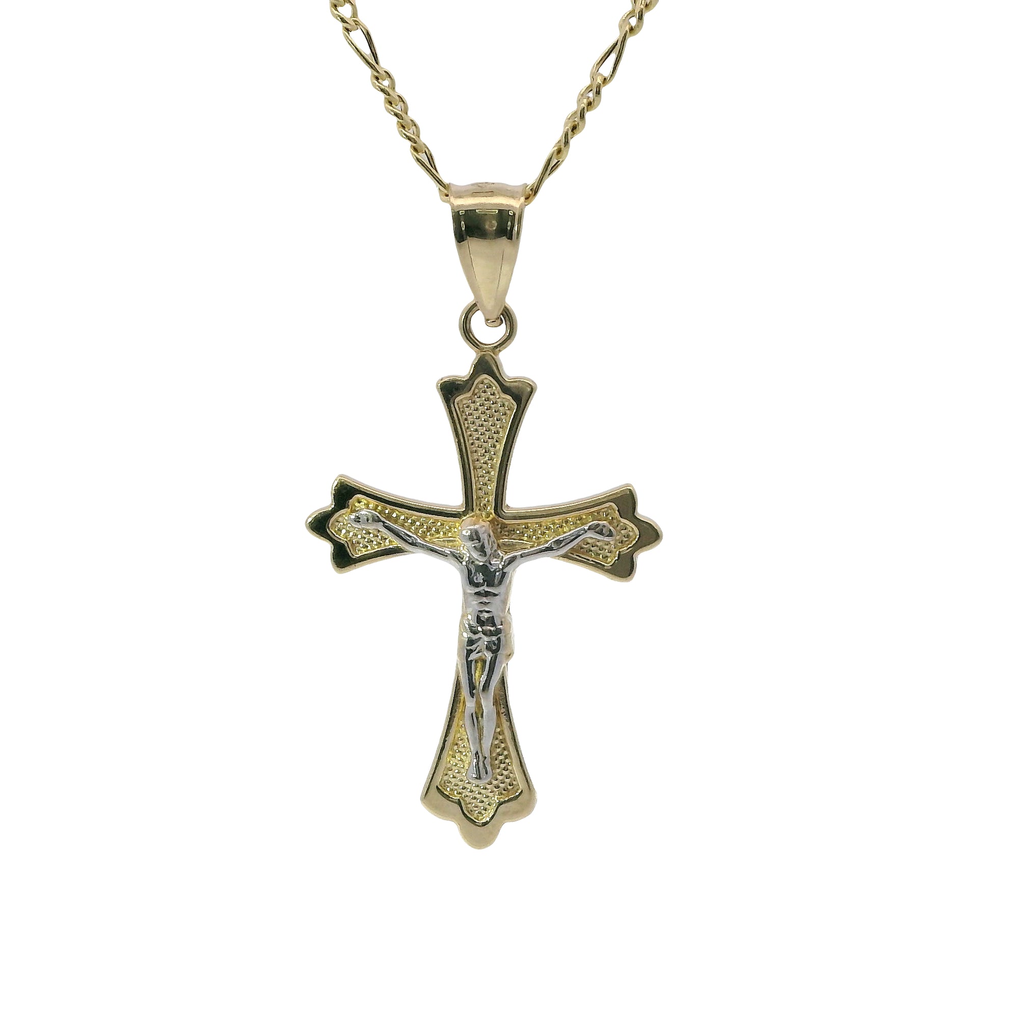 14KT Gold Charm Medium Two Tone Point Flare Ends Crucifix Cross with Plain Bell
