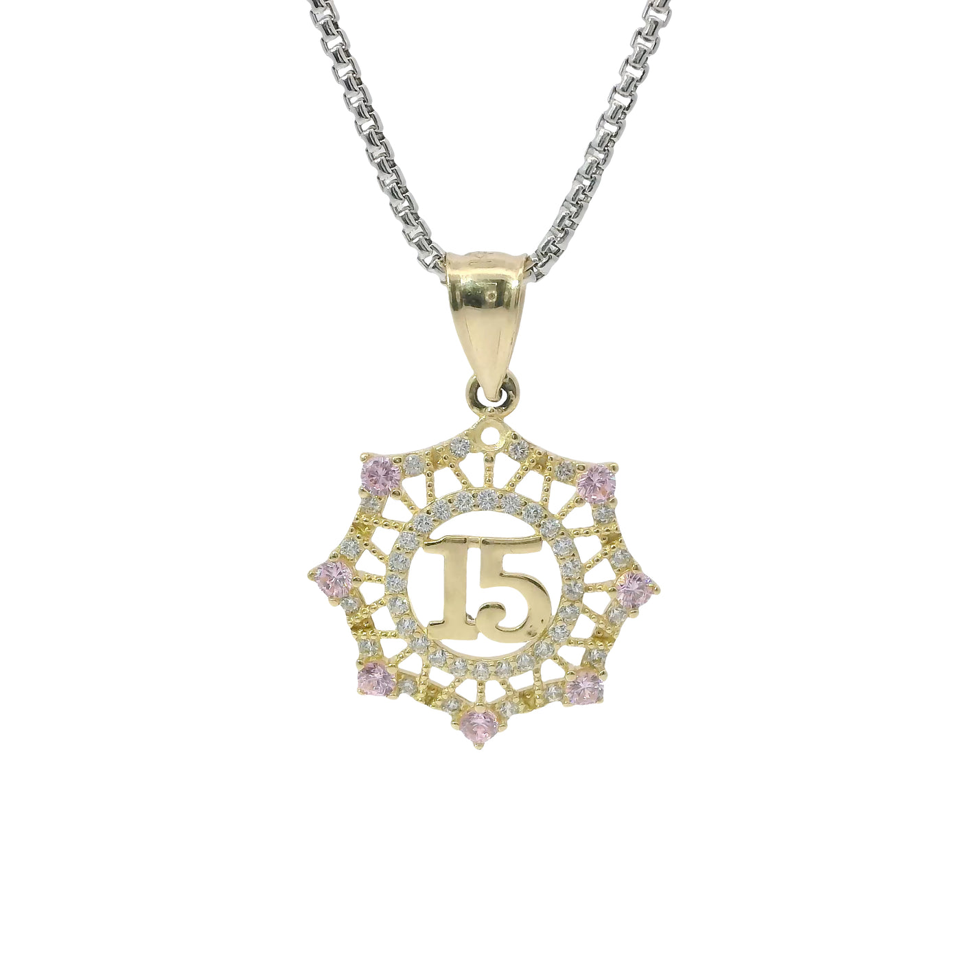 14KT Gold Charm Medium Quinceanera "15" Open Webbed Wreath with Light Pink and White Round CZ Stones Border with Plain Bell