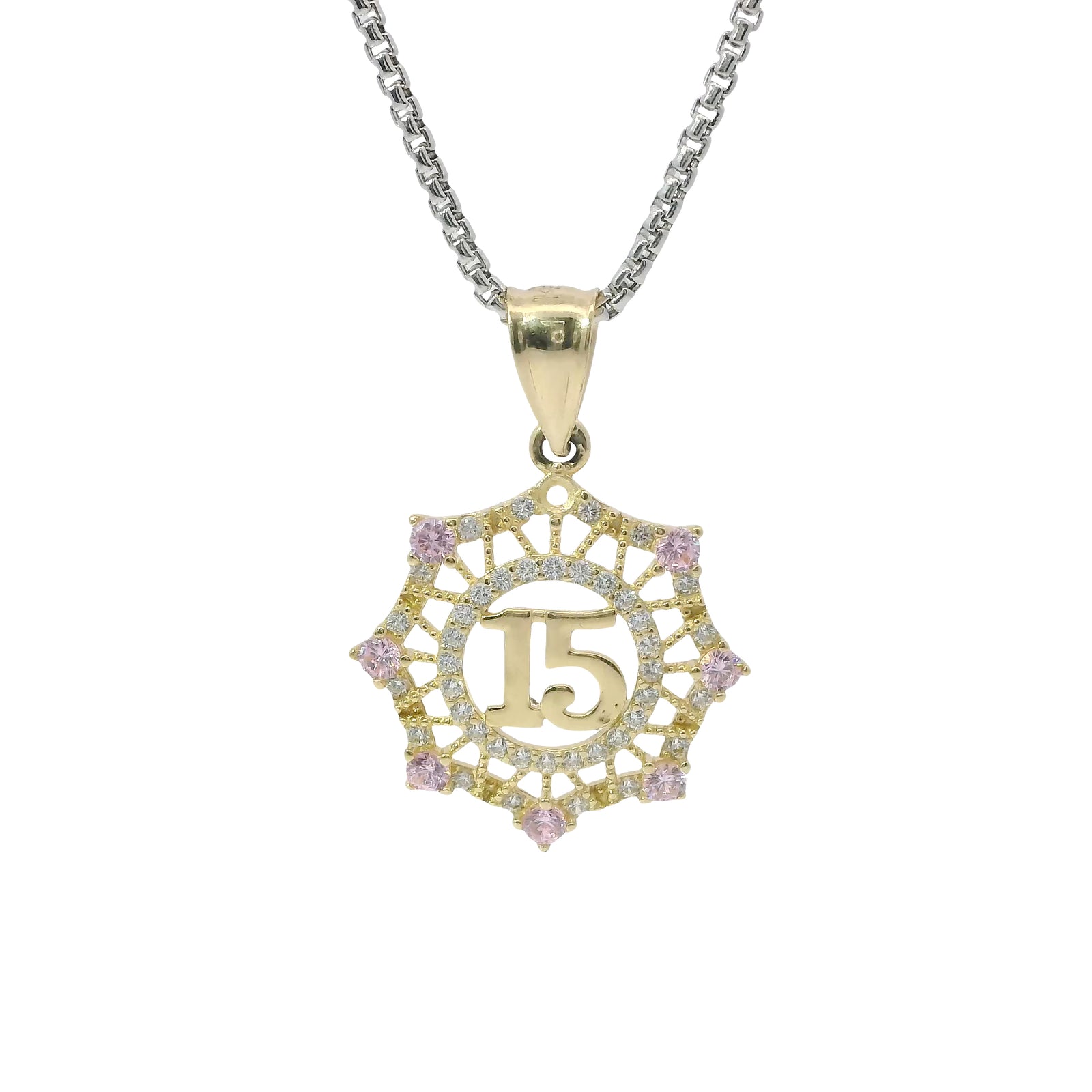 14KT Gold Charm Medium Quinceanera "15" Open Webbed Wreath with Light Pink and White Round CZ Stones Border with Plain Bell