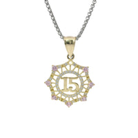 14KT Gold Charm Medium Quinceanera "15" Open Webbed Wreath with Light Pink and White Round CZ Stones Border with Plain Bell