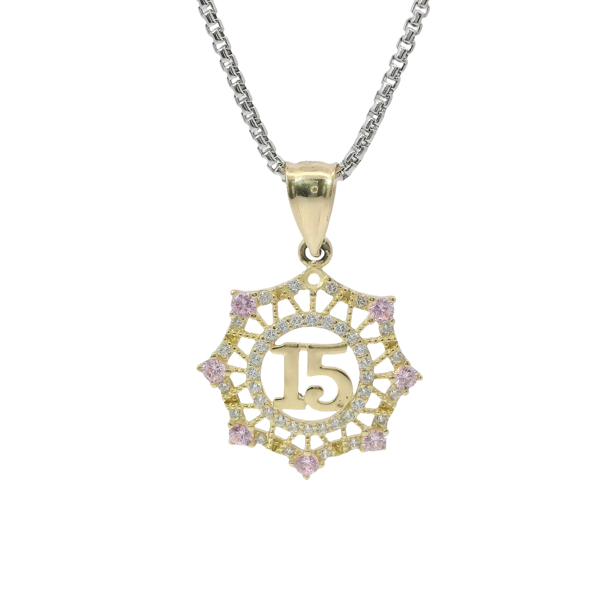 14KT Gold Charm Medium Quinceanera "15" Open Webbed Wreath with Light Pink and White Round CZ Stones Border with Plain Bell