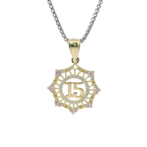 14KT Gold Charm Medium Quinceanera "15" Open Webbed Wreath with Light Pink and White Round CZ Stones Border with Plain Bell