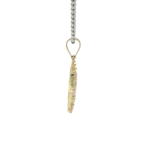 14KT Gold Charm Medium Quinceanera "15" Open Webbed Wreath with Light Pink and White Round CZ Stones Border with Plain Bell