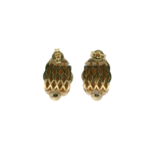 14KT Gold Earrings Medium Puff Popcorn with White CZ Stones Edge, Push Back Post and Butterfly Backs