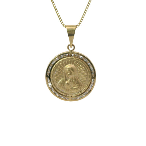 14KT Gold Charm Medium Puff Virgin Mary Coin with White CZ Stone Border and Plain Bell