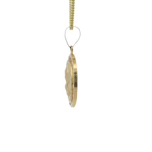 14KT Gold Charm Medium Puff Virgin Mary Coin with White CZ Stone Border and Plain Bell