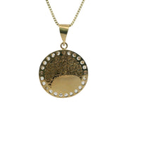 14KT Gold Charm Medium Puff Virgin Mary Coin with White CZ Stone Border and Plain Bell