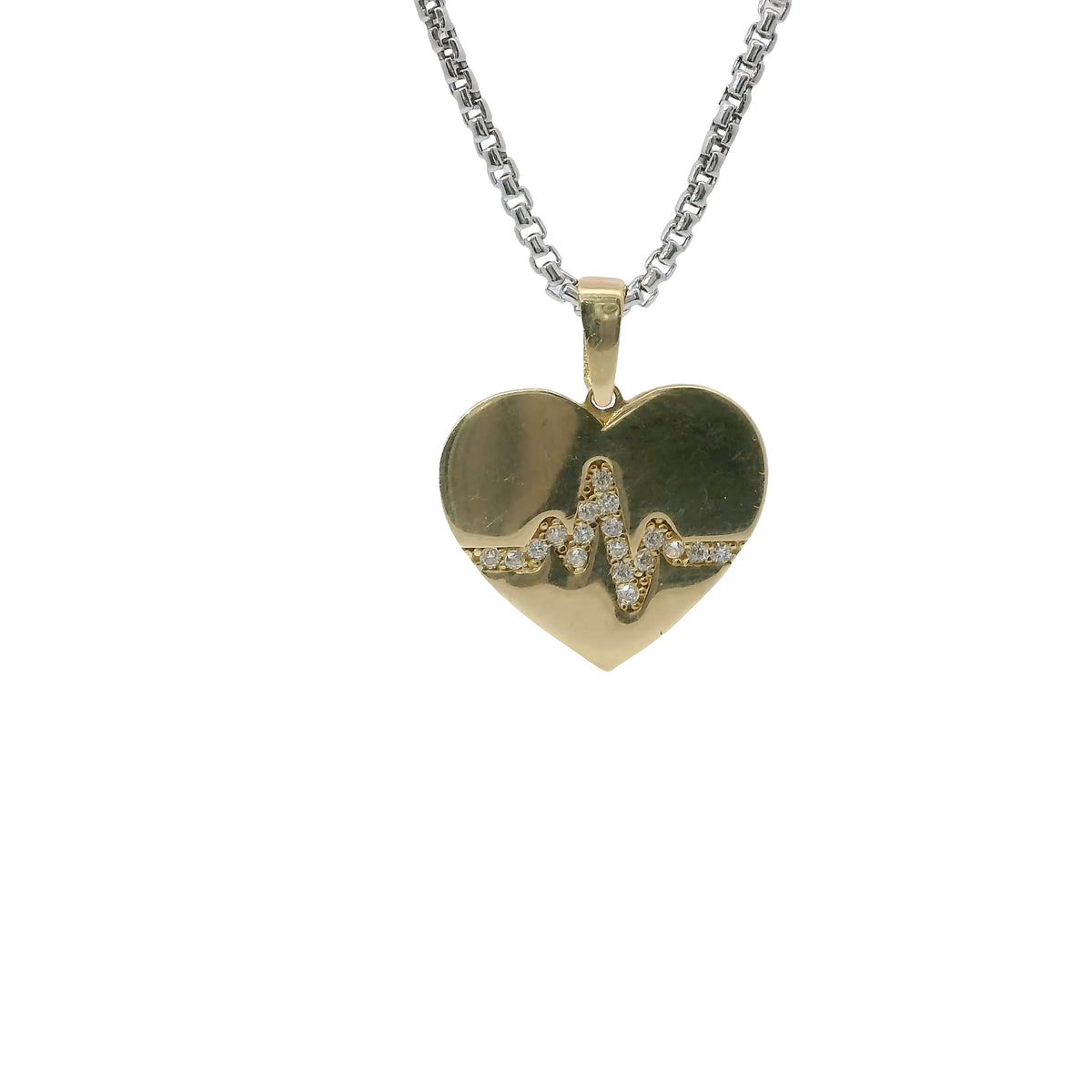 14KT Gold Charm Medium Plain Heart with White CZ Stones Pulse Center and Plain Bell