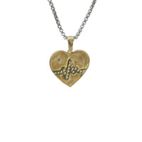 14KT Gold Charm Medium Plain Heart with White CZ Stones Pulse Center and Plain Bell