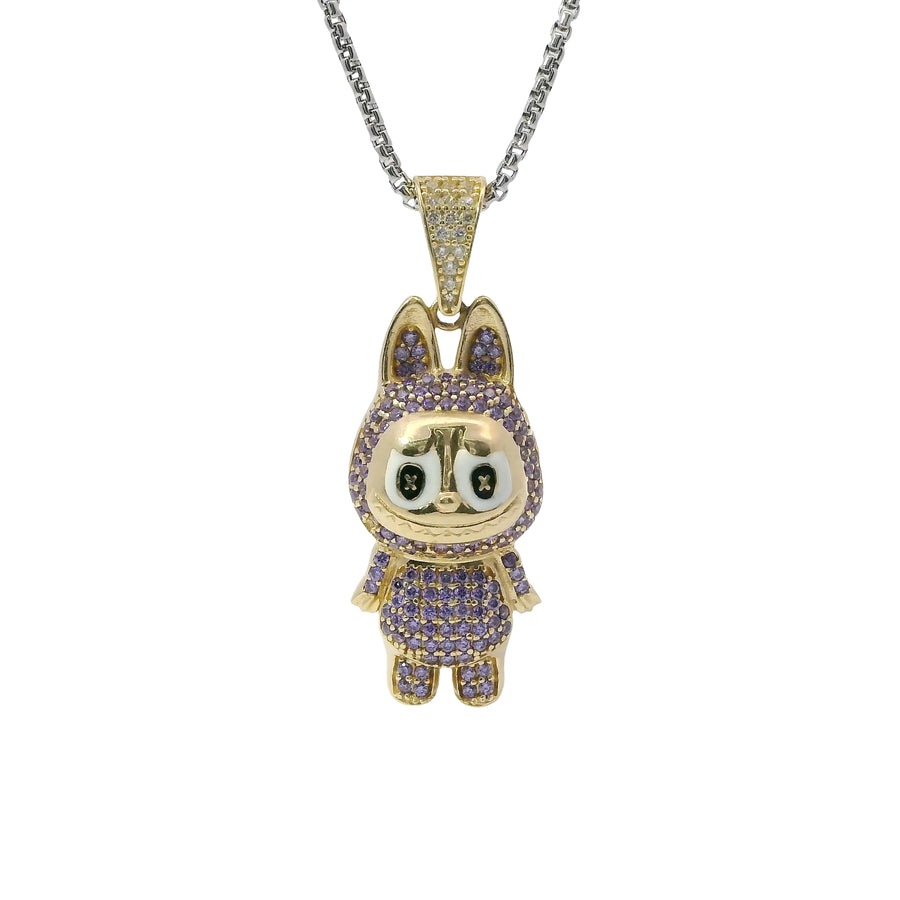 14KT Gold Charm Medium 3D Purple CZ Stones LaBuBu Body, White Enamel Eyes, and White CZ Stones Bell