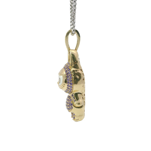 14KT Gold Charm Medium 3D Purple CZ Stones LaBuBu Body, White Enamel Eyes, and White CZ Stones Bell