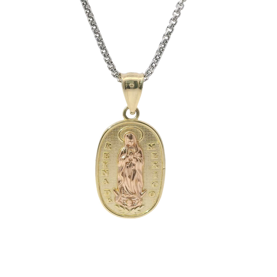 14KT Gold Charm Medium Two Tone Oval "Reyna De Mexico" Virgin Mary Coin with Plain Bell
