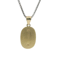 14KT Gold Charm Medium Two Tone Oval "Reyna De Mexico" Virgin Mary Coin with Plain Bell