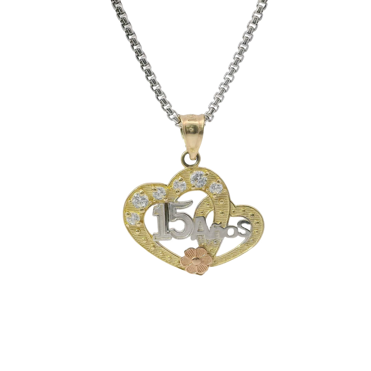 14KT Gold Charm Medium Quincenaera Tri Tone "15 Anos" Center of Two Open Hearts with White CZ Stones Top Border, Flower Base, and Plain Bell