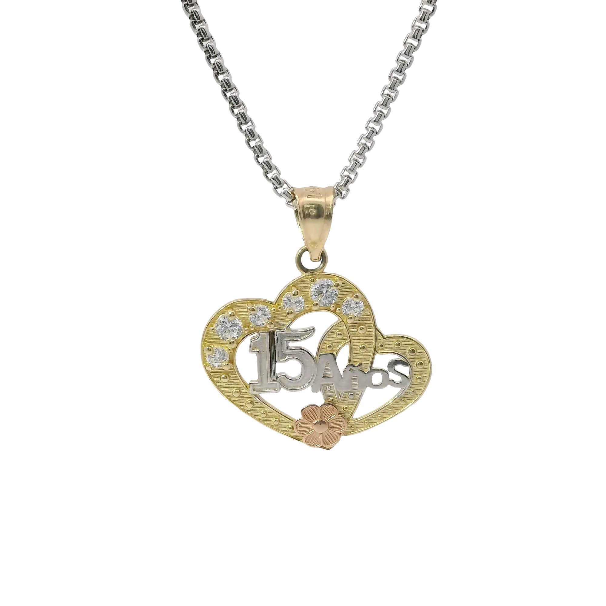 14KT Gold Charm Medium Quincenaera Tri Tone "15 Anos" Center of Two Open Hearts with White CZ Stones Top Border, Flower Base, and Plain Bell