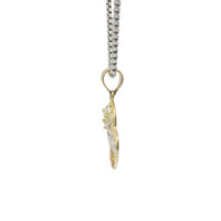 14KT Gold Charm Medium Quincenaera Tri Tone "15 Anos" Center of Two Open Hearts with White CZ Stones Top Border, Flower Base, and Plain Bell