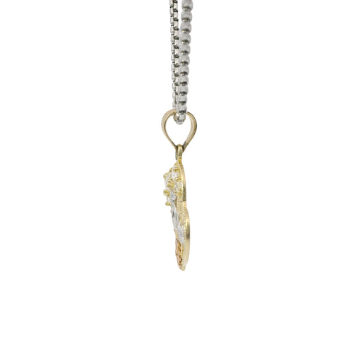 14KT Gold Charm Medium Quincenaera Tri Tone "15 Anos" Center of Two Open Hearts with White CZ Stones Top Border, Flower Base, and Plain Bell
