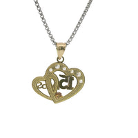 14KT Gold Charm Medium Quincenaera Tri Tone "15 Anos" Center of Two Open Hearts with White CZ Stones Top Border, Flower Base, and Plain Bell