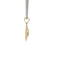 14KT Gold Charm Medium Quincenaera Tri Tone "15 Anos" Center of Two Open Hearts with White CZ Stones Top Border, Flower Base, and Plain Bell