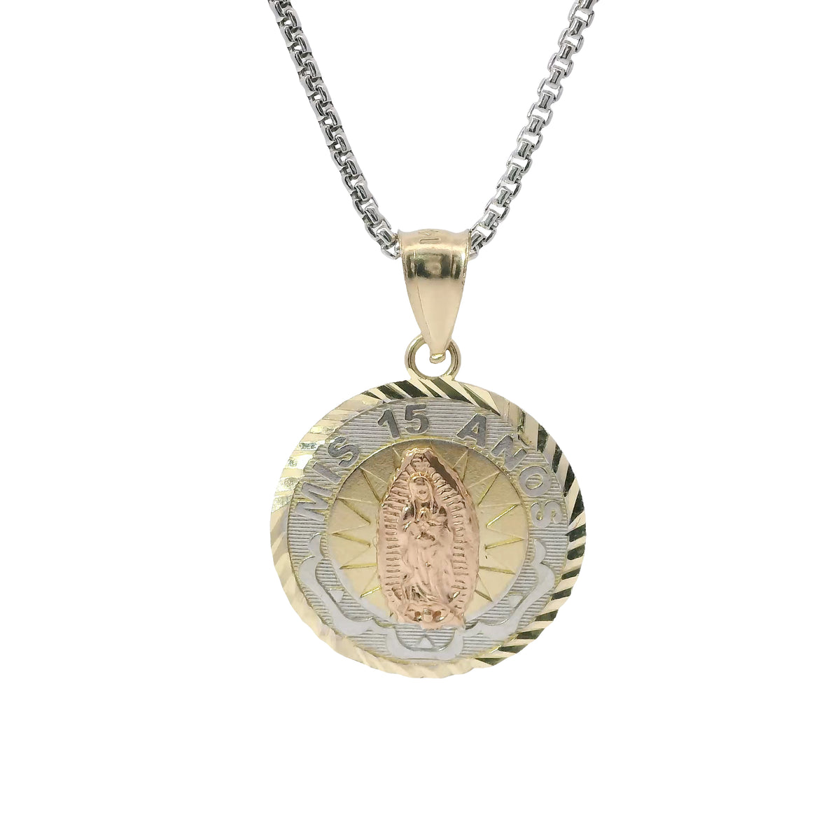 14KT Gold Charm Medium Round Tri Tone Quinceanera "15 Anos" Coin with Diamond Cut Edge and Plain Bell