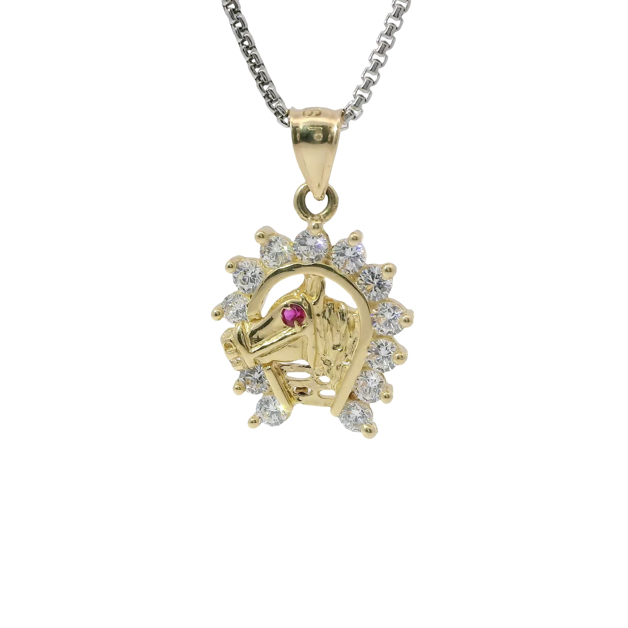 14KT Gold Charm Medium Red Eye Horsehead Center with White CZ Stones Horseshoe Border and Plain Bell