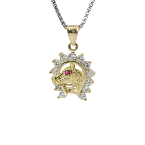 14KT Gold Charm Medium Red Eye Horsehead Center with White CZ Stones Horseshoe Border and Plain Bell
