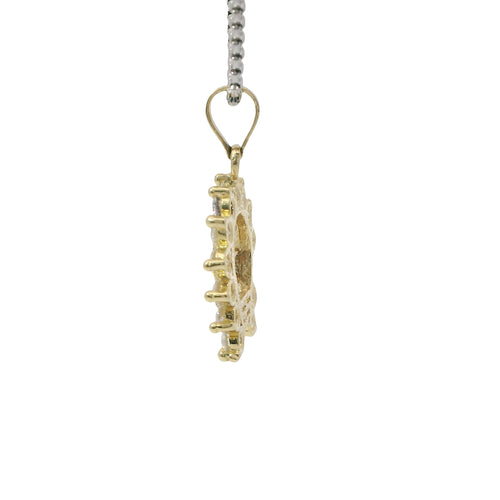14KT Gold Charm Medium Red Eye Horsehead Center with White CZ Stones Horseshoe Border and Plain Bell