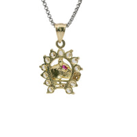 14KT Gold Charm Medium Red Eye Horsehead Center with White CZ Stones Horseshoe Border and Plain Bell