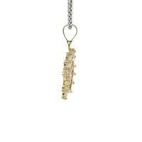 14KT Gold Charm Medium Red Eye Horsehead Center with White CZ Stones Horseshoe Border and Plain Bell