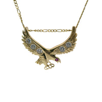 14KT Gold Charm Medium Right Facing Soaring Eagle with Round White CZ Stones on Wings, Red CZ Stone Eye, and Plain Bell