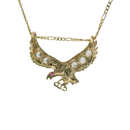 14KT Gold Charm Medium Right Facing Soaring Eagle with Round White CZ Stones on Wings, Red CZ Stone Eye, and Plain Bell
