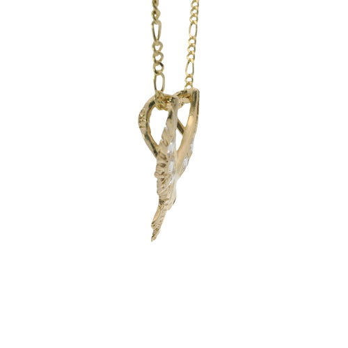 14KT Gold Charm Medium Right Facing Soaring Eagle with Round White CZ Stones on Wings, Red CZ Stone Eye, and Plain Bell