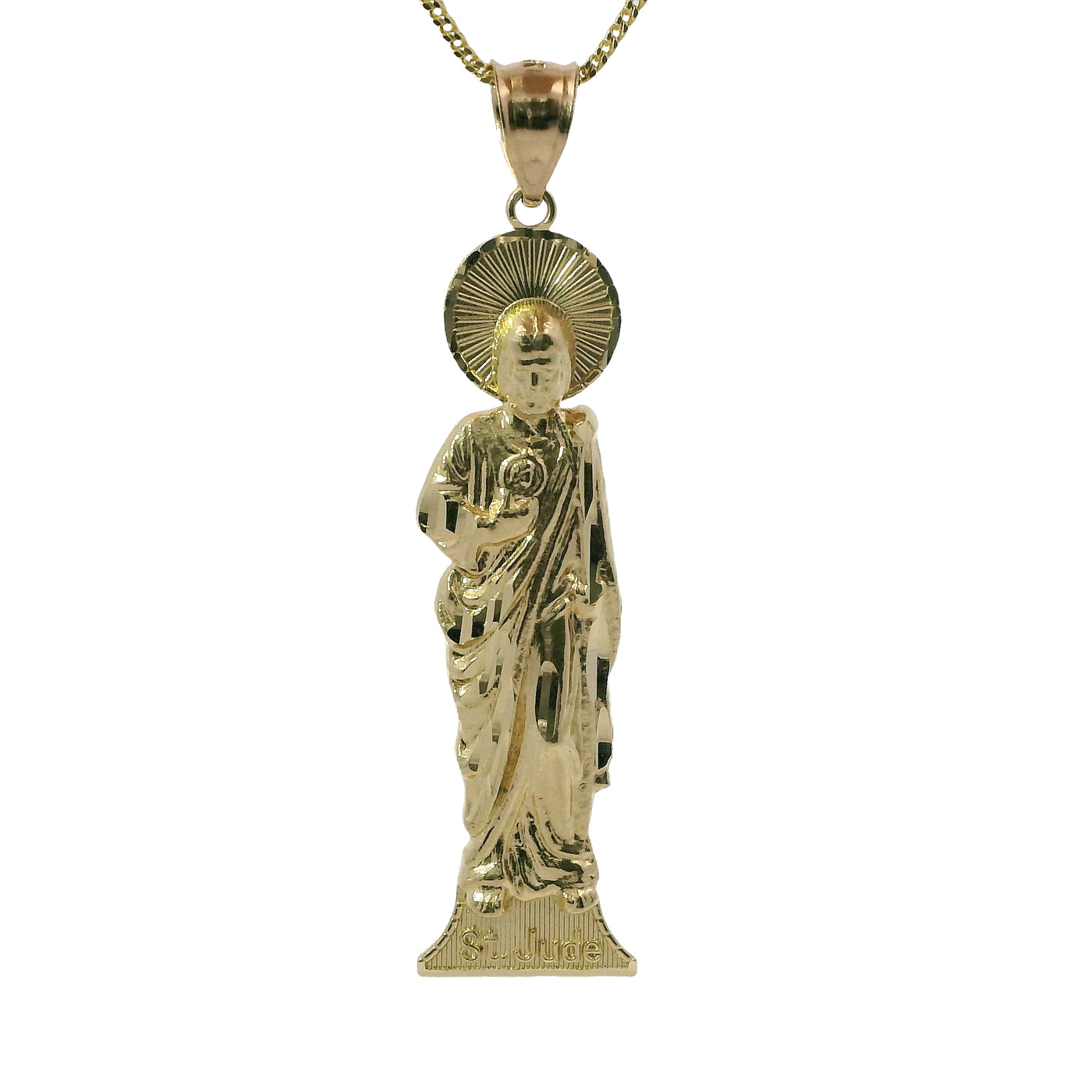 14KT Gold Charm Medium "St. Jude" Name Plate St Jude Figure with Plain Bell