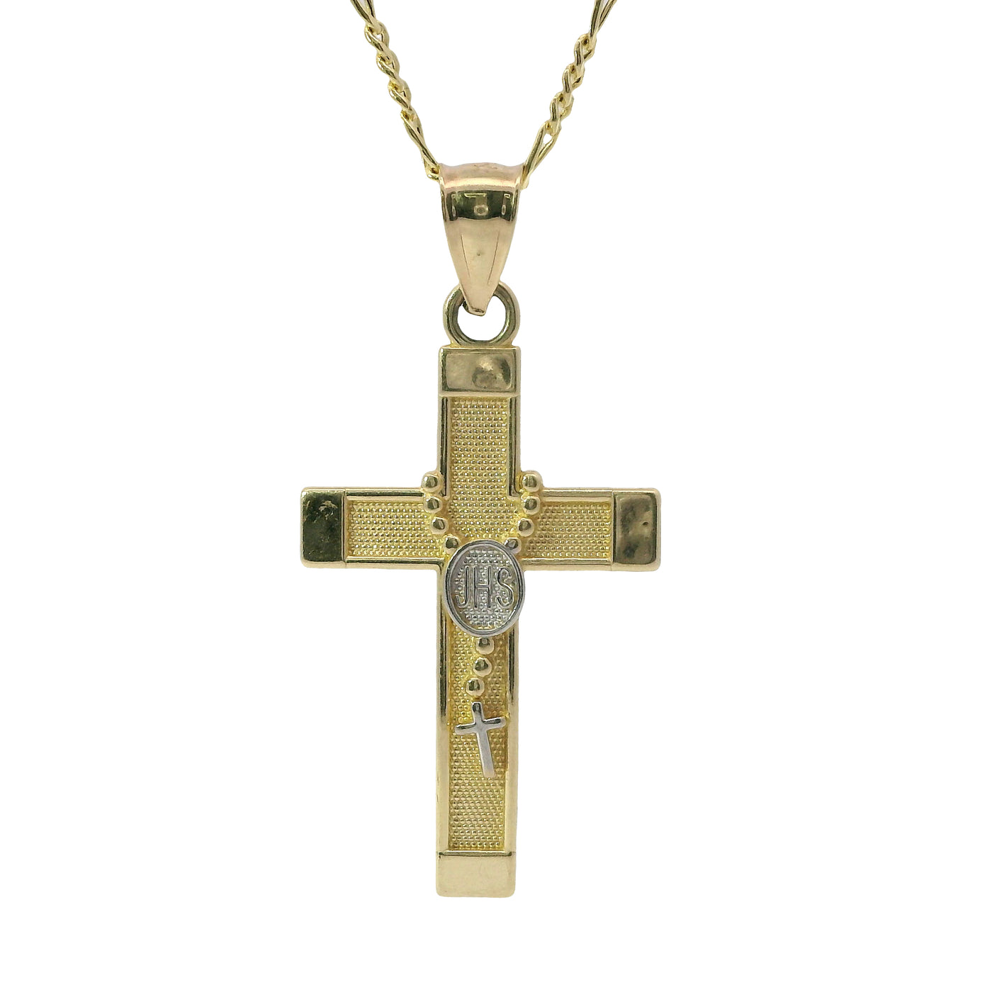 14KT Gold Charm Medium Two Tone Rosary Bead Cross with Plain Band