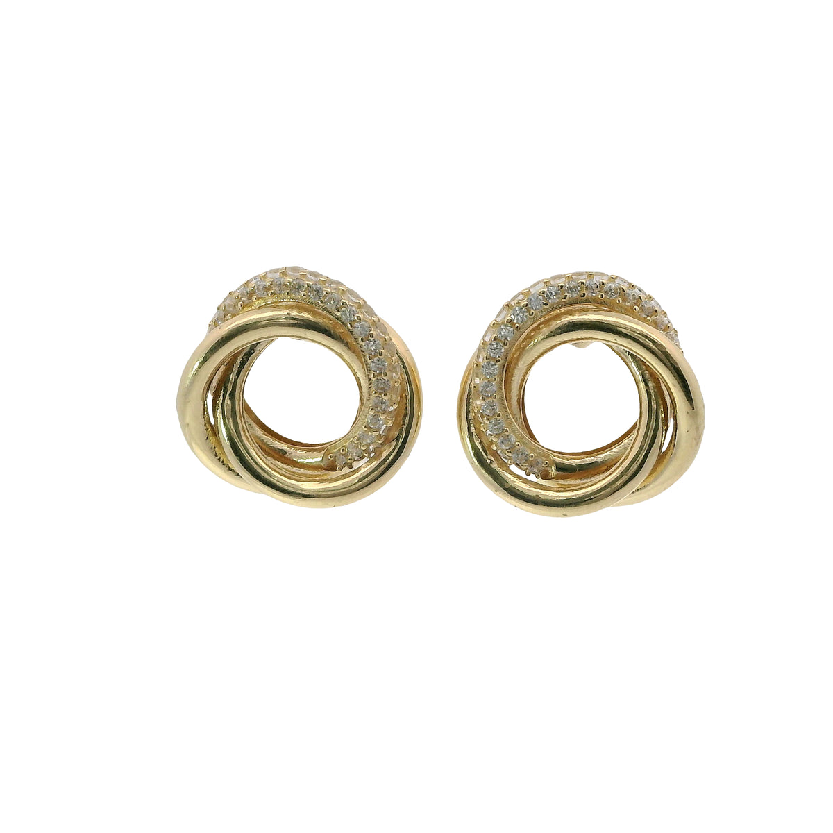 14KT Gold Earrings Medium Round Two Strand Open Center Interlocking White CZ Stones Rings with Push Back Post and Butterfly Backs