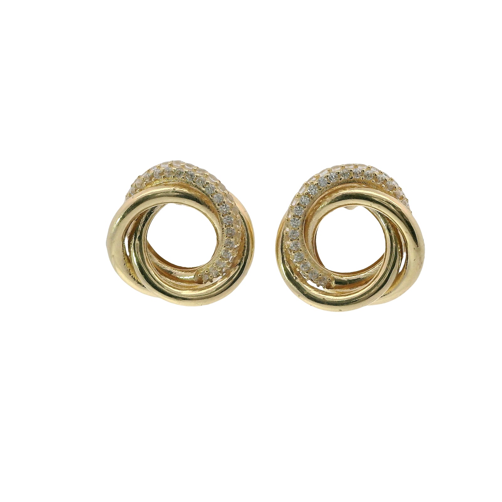 14KT Gold Earrings Medium Round Two Strand Open Center Interlocking White CZ Stones Rings with Push Back Post and Butterfly Backs
